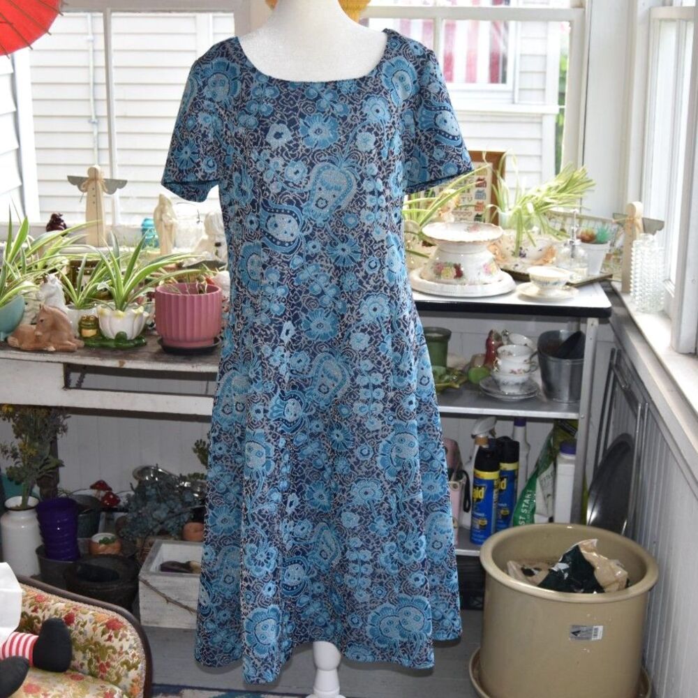 Vintage 70s Handmade Blue Metallic Paisley A-Line Dress Plus Size XL